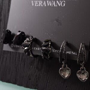 VERA WANG 3pc SET Goth Black Crystal Studs + Black Crystal & Heart Hoop Earrings